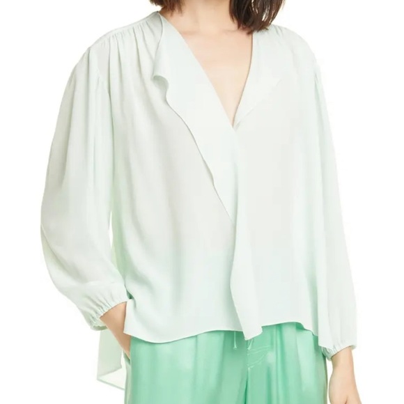 Vince Shirred Long Sleeve Silk Blouse Size Small Sea-foam Green NWT - Picture 3 of 12